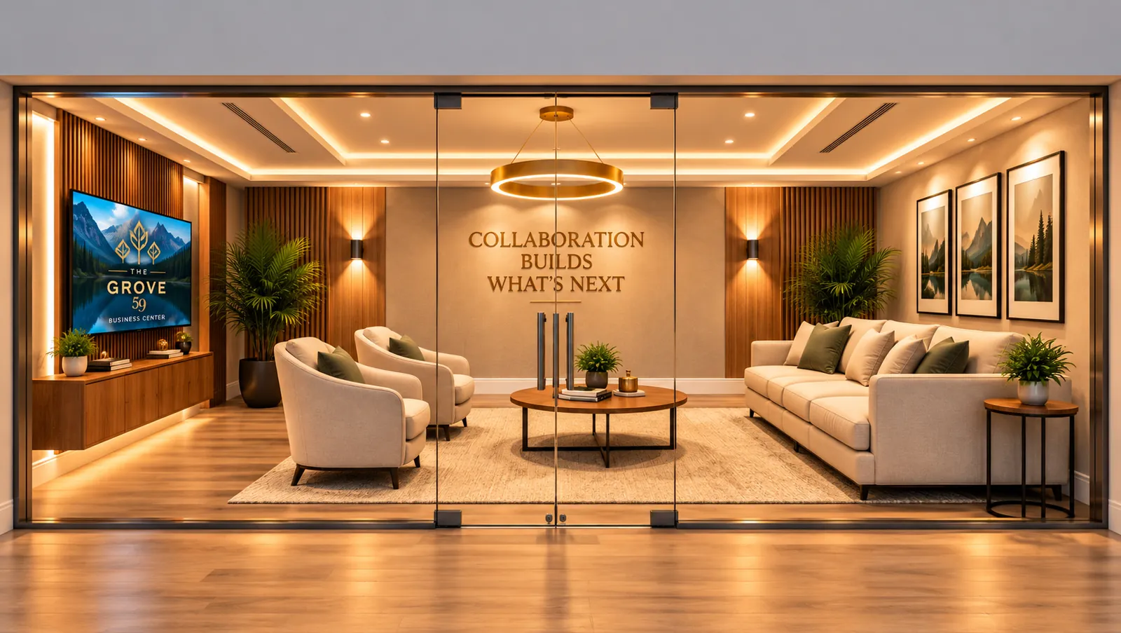 Lounge behind glass doors, with armchairs, a long sofa, a round coffee table beneath a brass ring light and a wall-mounted screen