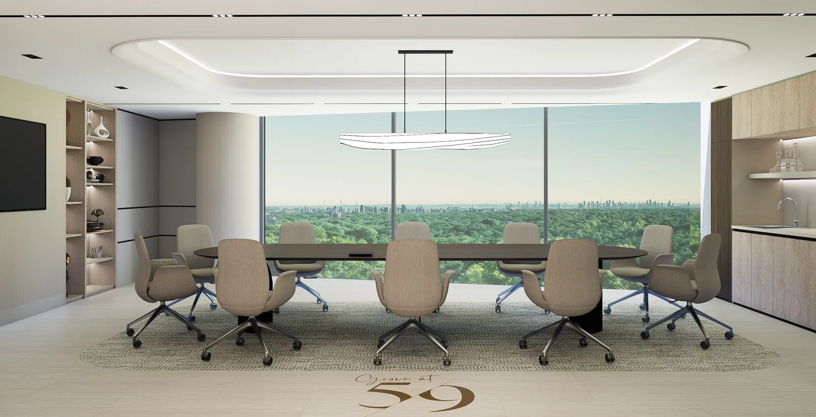 Executive boardroom with floor-to-ceiling glass looking over treetops to the Manhattan skyline