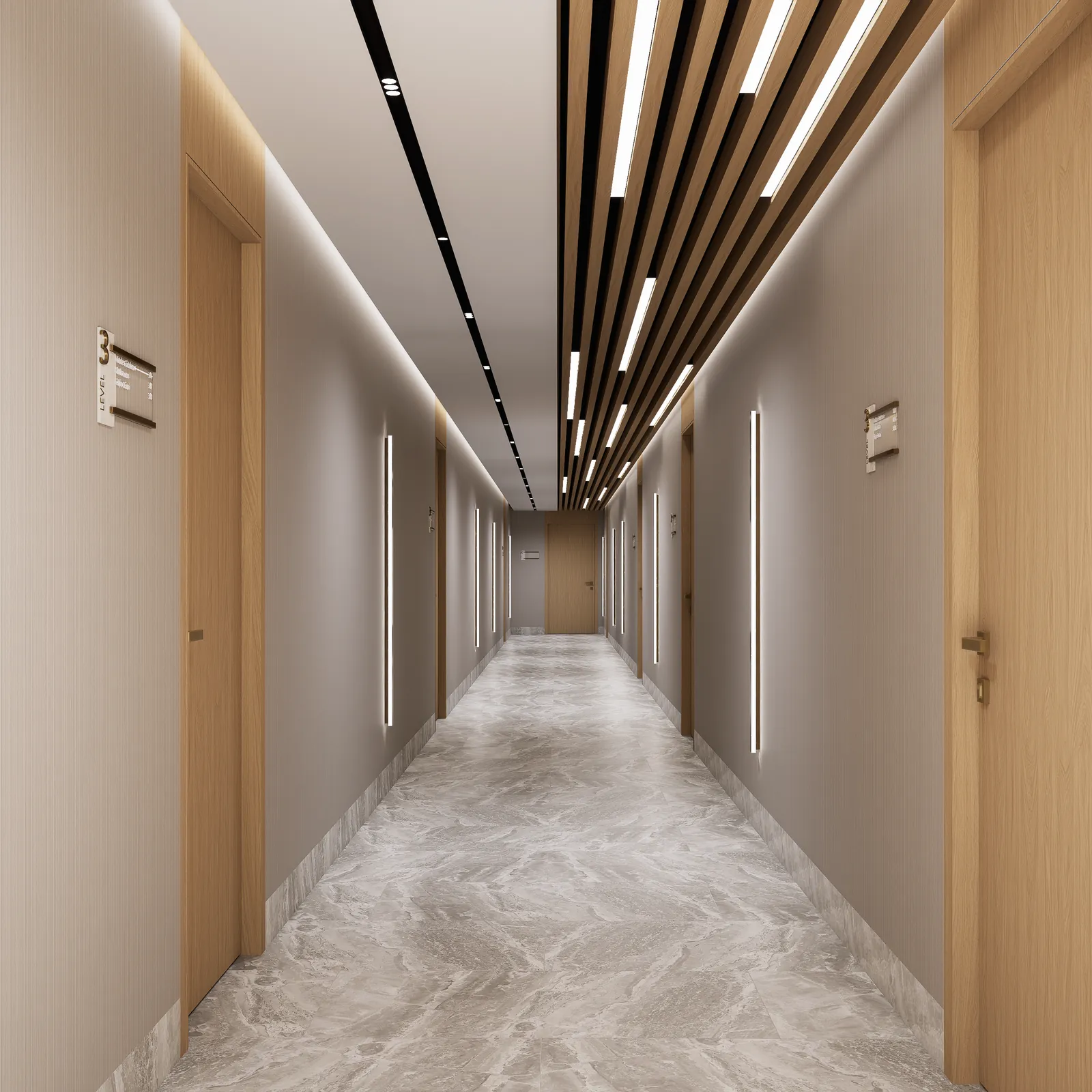 Warm corridor with oak doors, slatted wood ceiling and vertical light lines