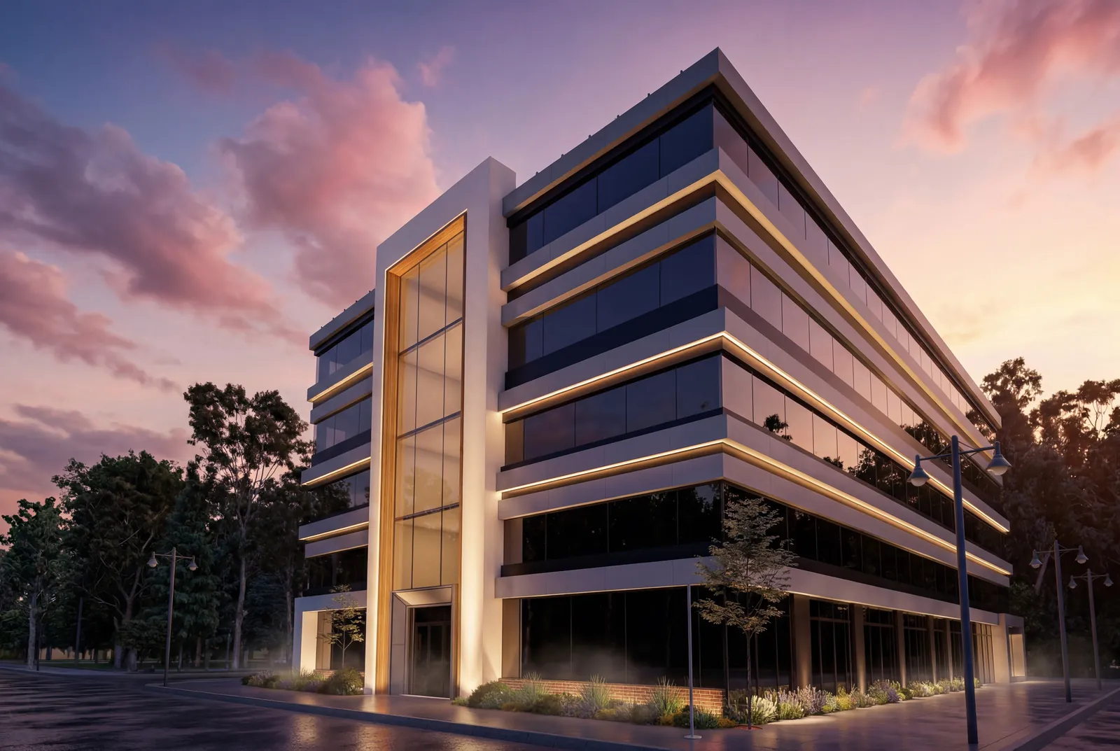 The Grove at 140 Route 59 at dusk — a five-storey glass office building with a tall oak-framed entrance