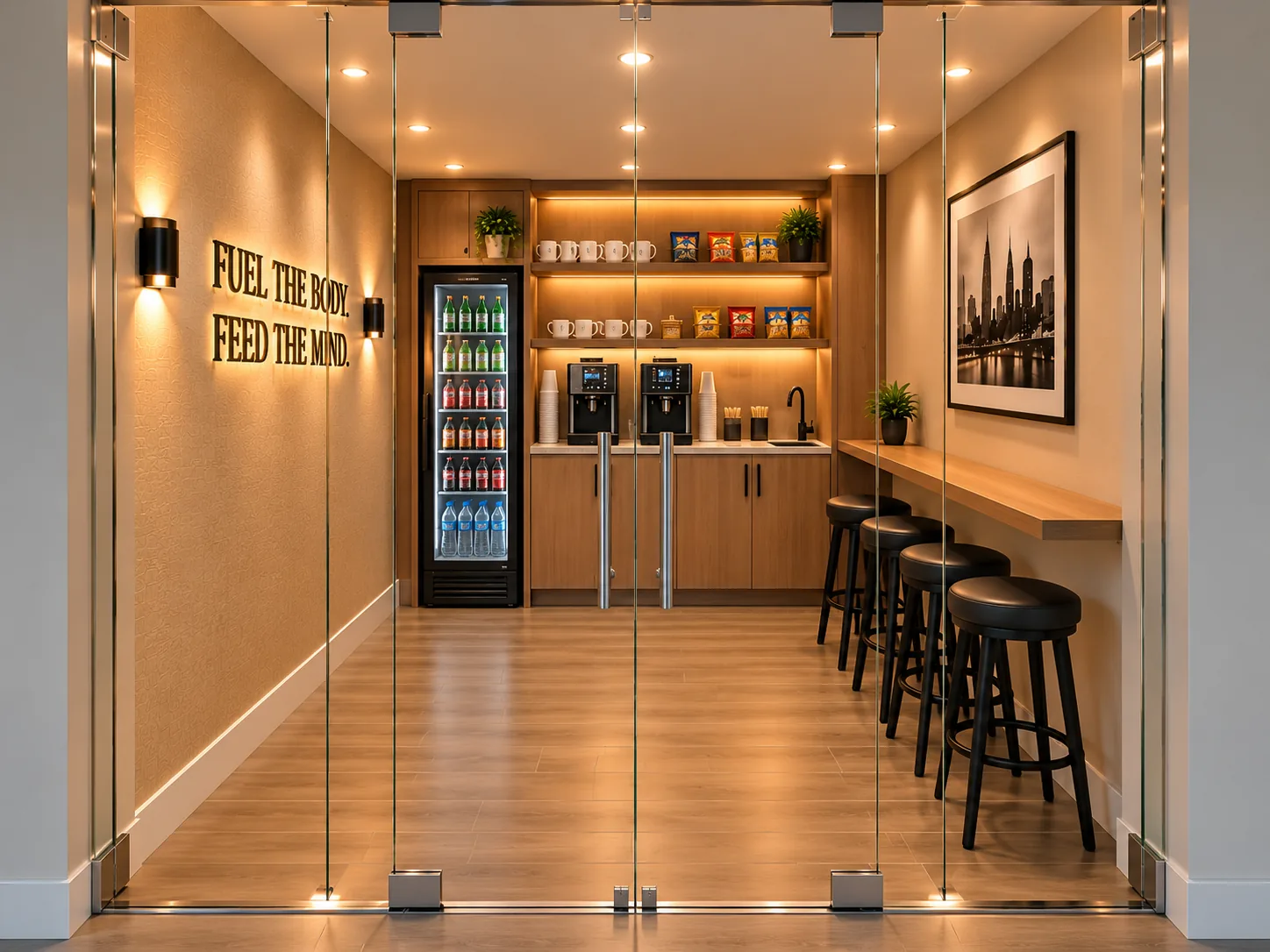 Glass-fronted kitchenette with a lit drinks fridge, open shelves of mugs and snacks, two coffee machines, a sink and a counter with stools