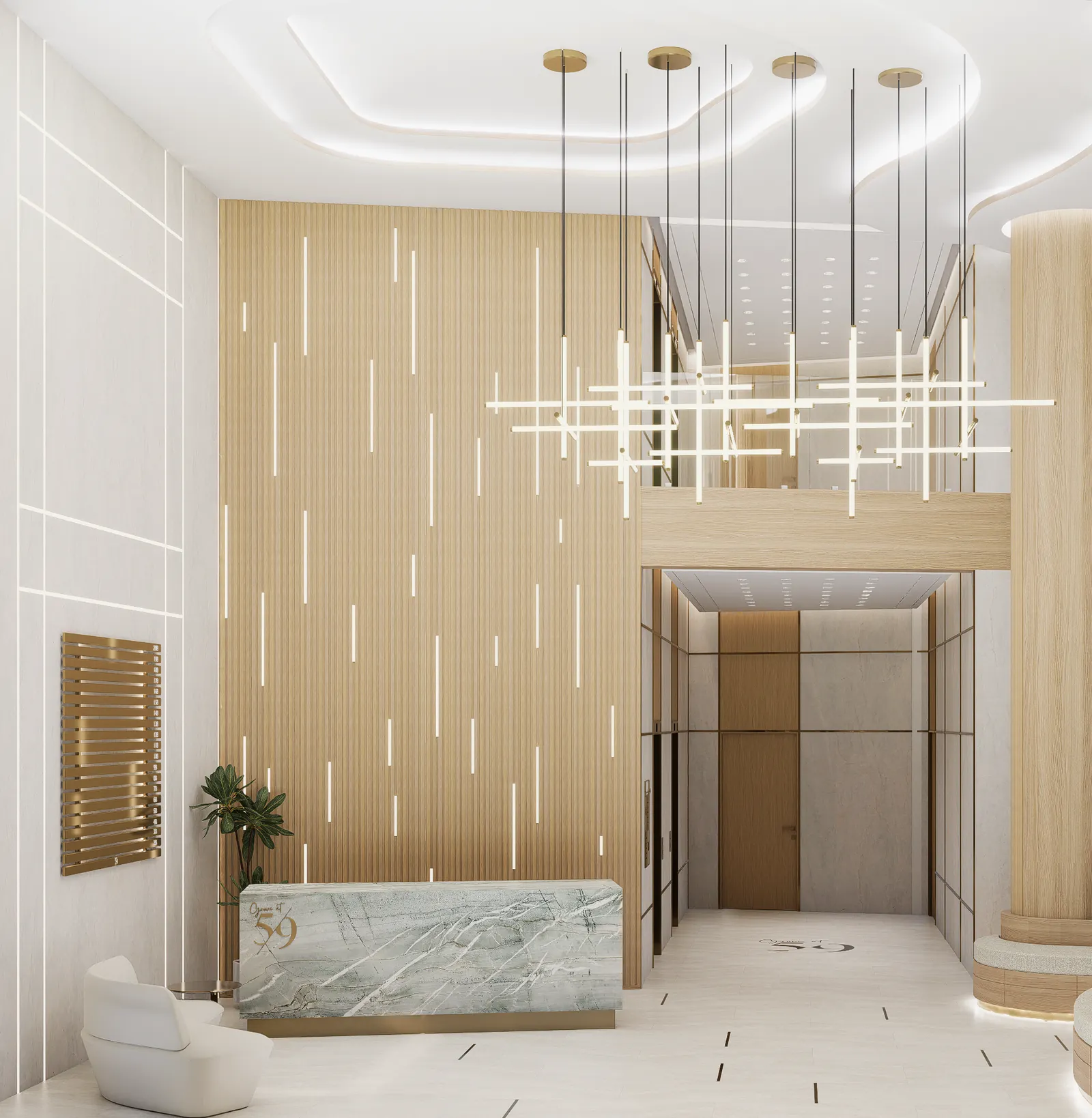 Lobby with marble reception, oak slat wall and elevator hall beyond