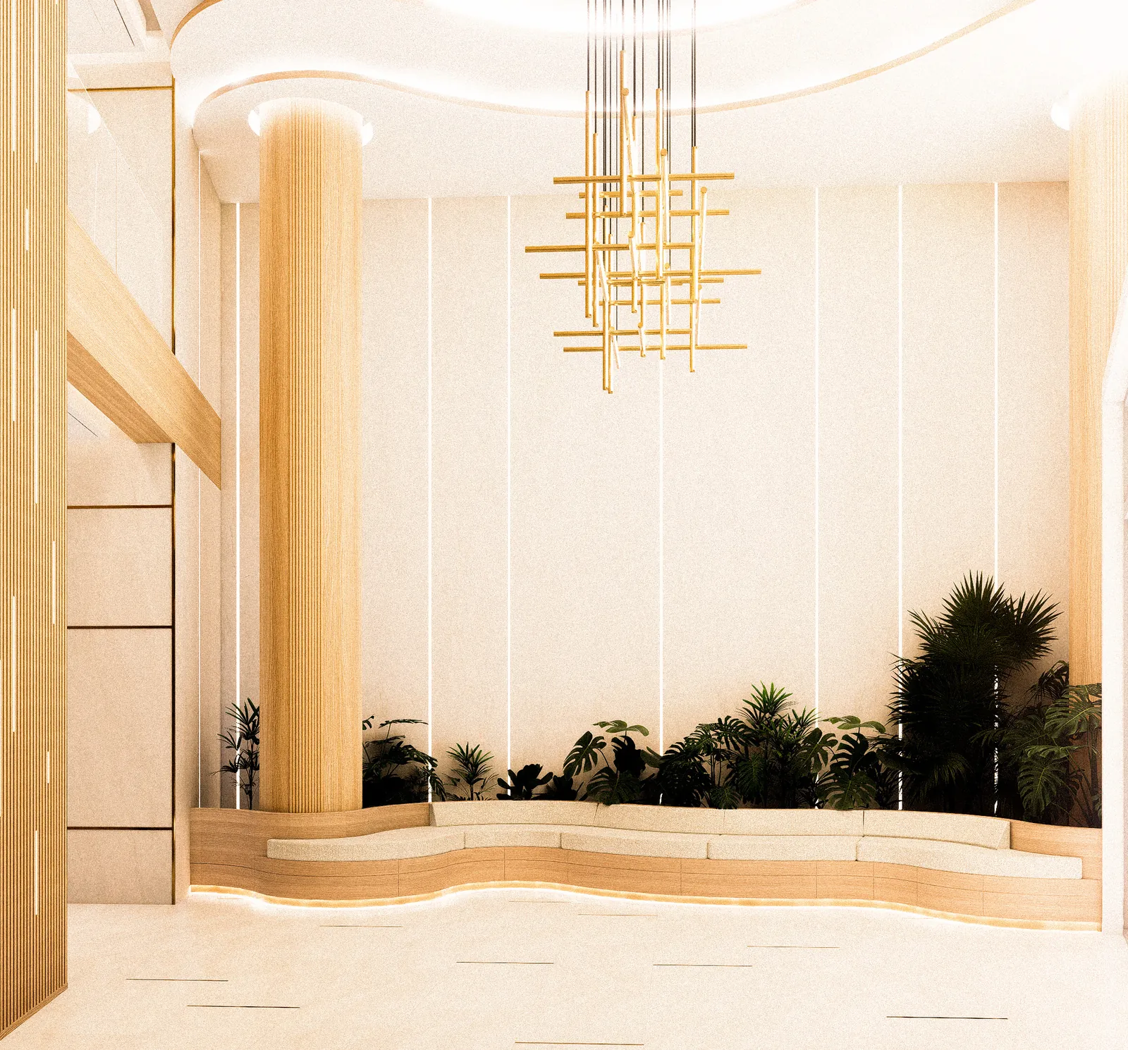 The Grove logo wall above a planted banquette, with a brass chandelier overhead