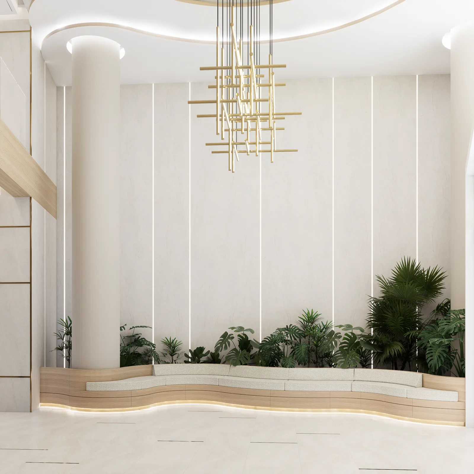 Lobby lounge with a curving oak banquette, lush planting and a sculptural brass chandelier
