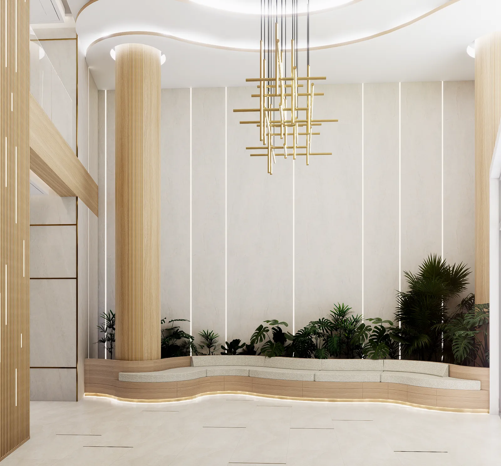 Oak-clad column beside a curving banquette and planted garden in the lobby