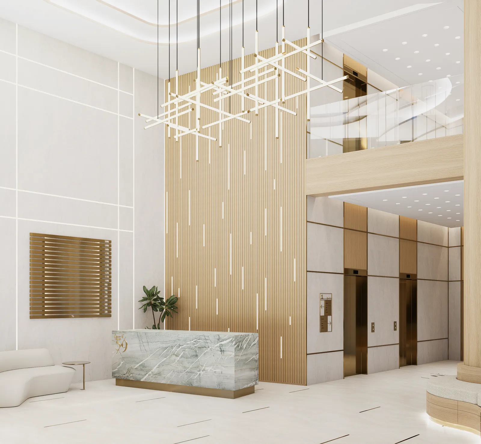 Double-height lobby with marble reception desk, fluted oak feature wall and linear brass chandelier