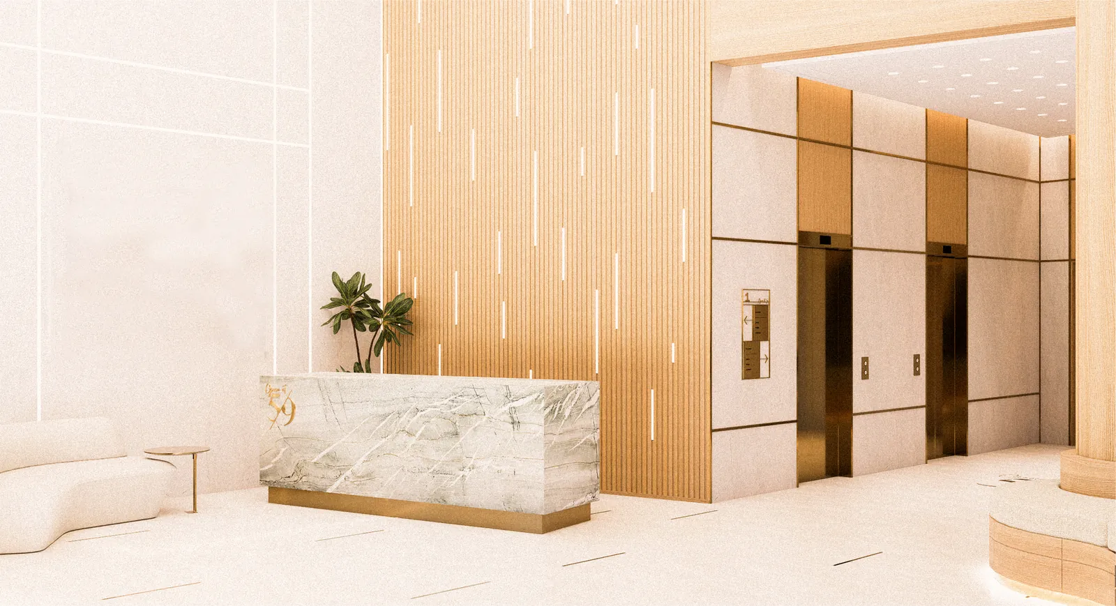 Lobby with the Grove logo on a fluted oak wall, stone reception desk and brass-framed elevators