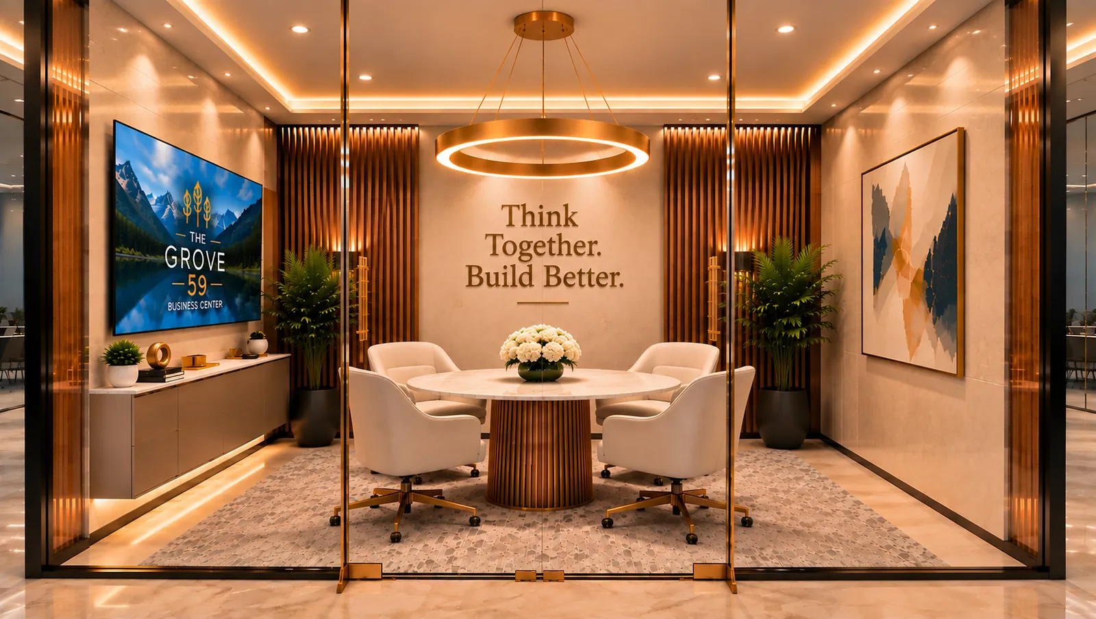 Private meeting room behind glass doors, with a round marble table, four chairs, a wall-mounted screen and a brass ring light