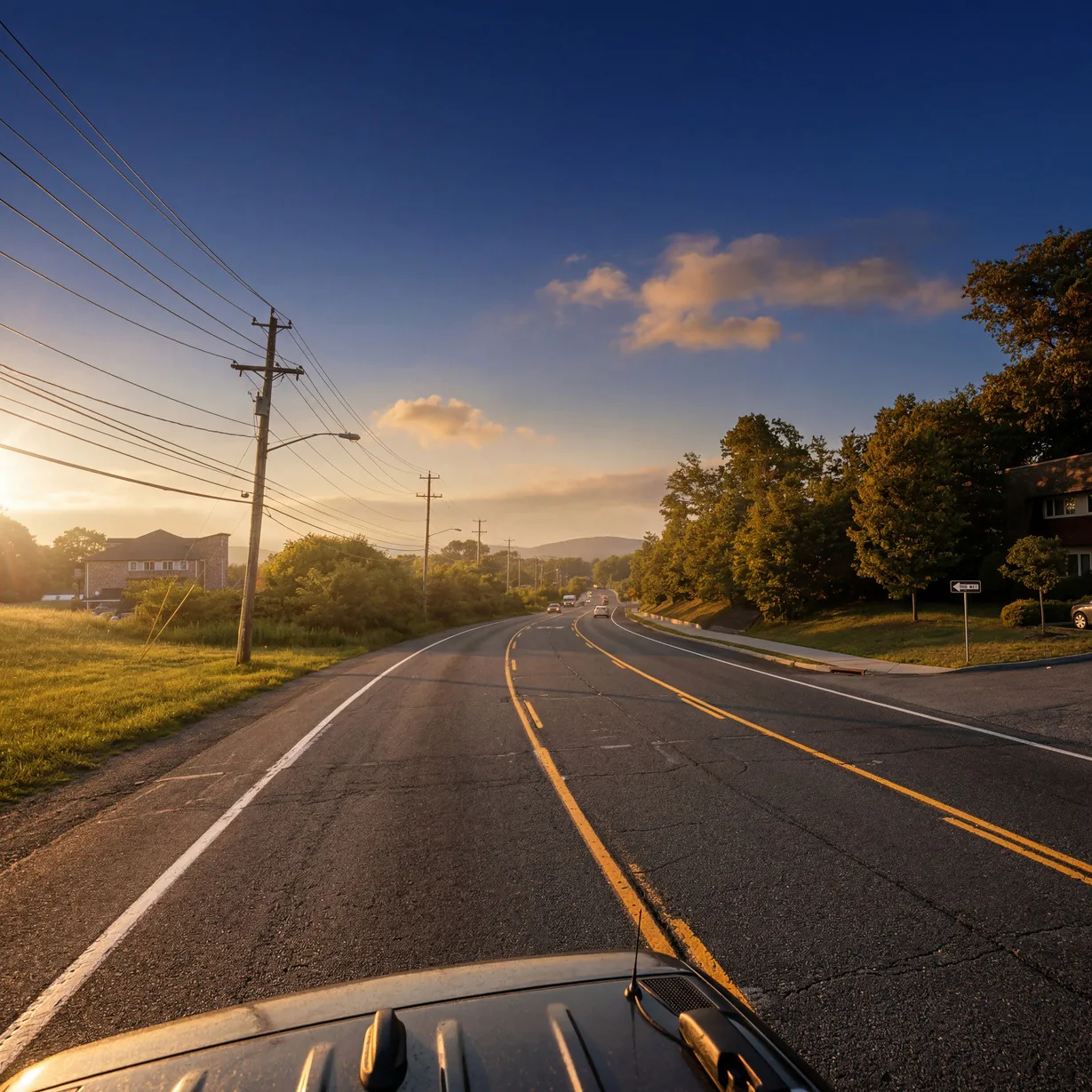 Route 59 stretching toward a low sun, with trees on either side